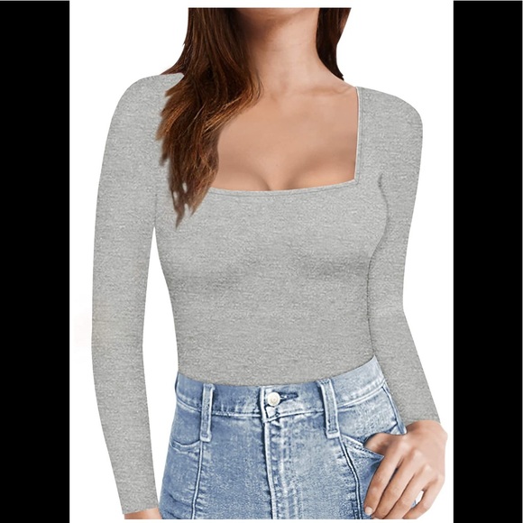 Mangopop Tops - Womens Long Sleeve Square Neck T Shirts Top Tee